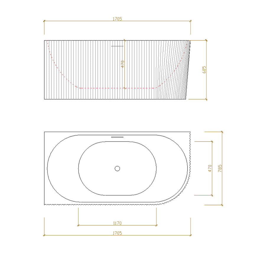 Technical dimensions diagram for Bingie 1700mm Lukka corner bath, 1705mm length, 785mm depth, fluted skirt design by Tilemall