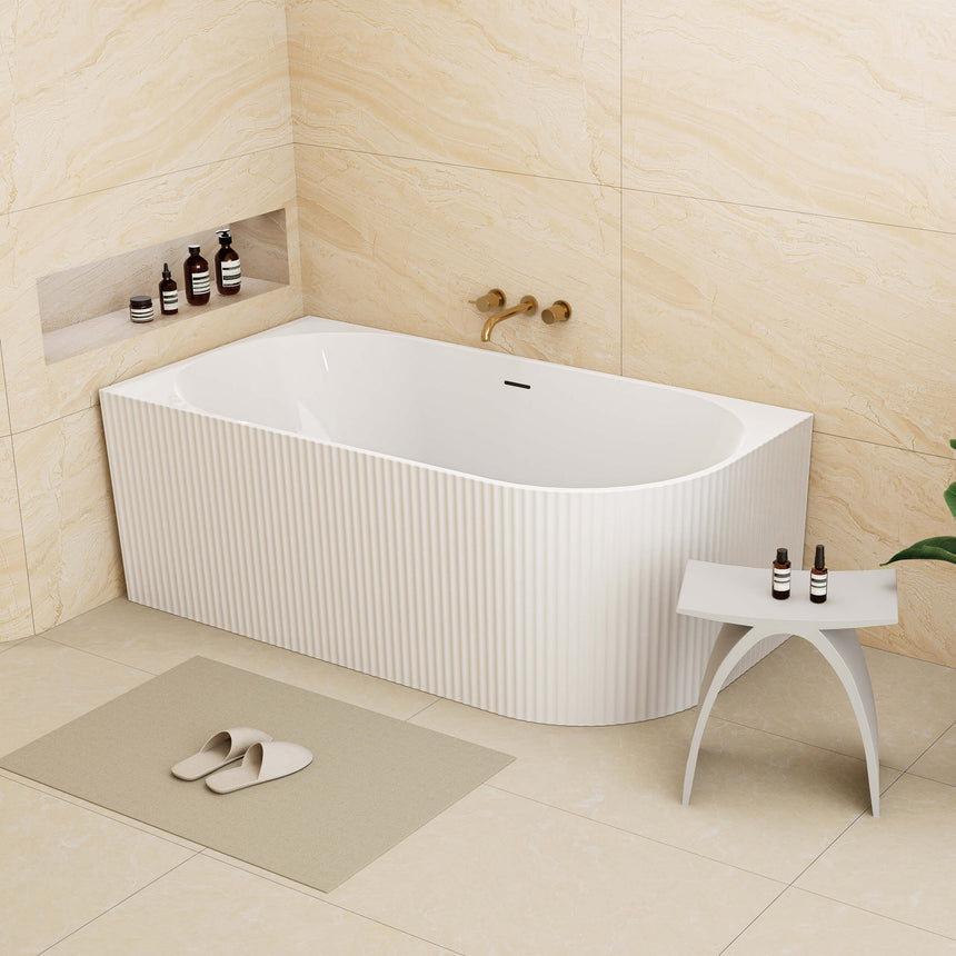 Bingie Lukka Corner Bath fluted skirt freestanding acrylic bathtub by Tilemall in matte white, 1700mm, left corner overflow