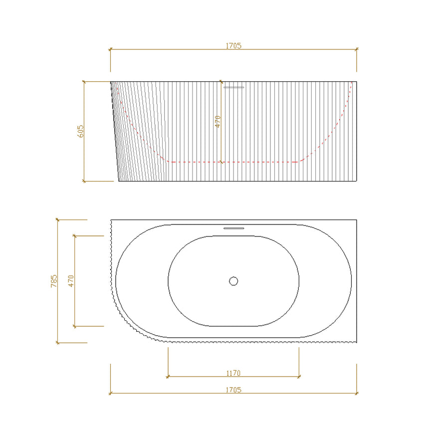 Technical dimensions diagram for Bingie Lukka corner bath: 1705mm length, 785mm height, 470mm internal depth by Tilemall