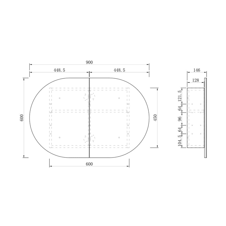 Technical dimensions diagram for Otti Bondi SV 900mm shaving cabinet front and side view by Tilemall