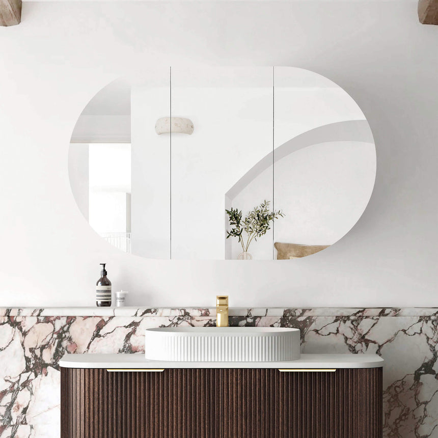 Bondi SV sable walnut cabinet two-door frameless mirror with vertical split design in bathroom interior by Tilemall