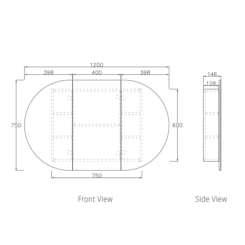 Technical dimensions diagram for Bondi SV 1200mm shaving cabinet front and side view by Tilemall