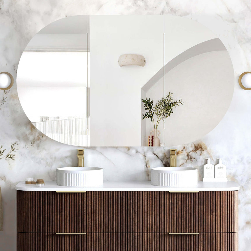 Bondi SV sable walnut three-door mirrored shaving cabinet 1500mm installed above double vessel basins by Tilemall