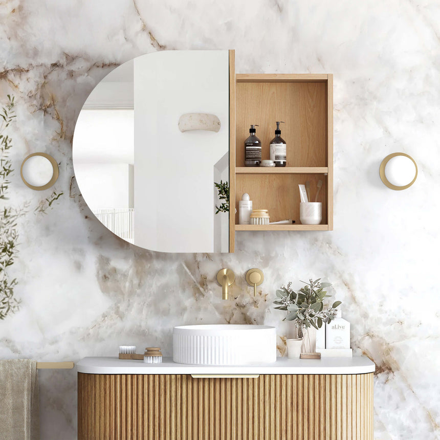 Bondi SV woodland oak shaving cabinet open showing two shelves with storage products in bathroom setting by Tilemall