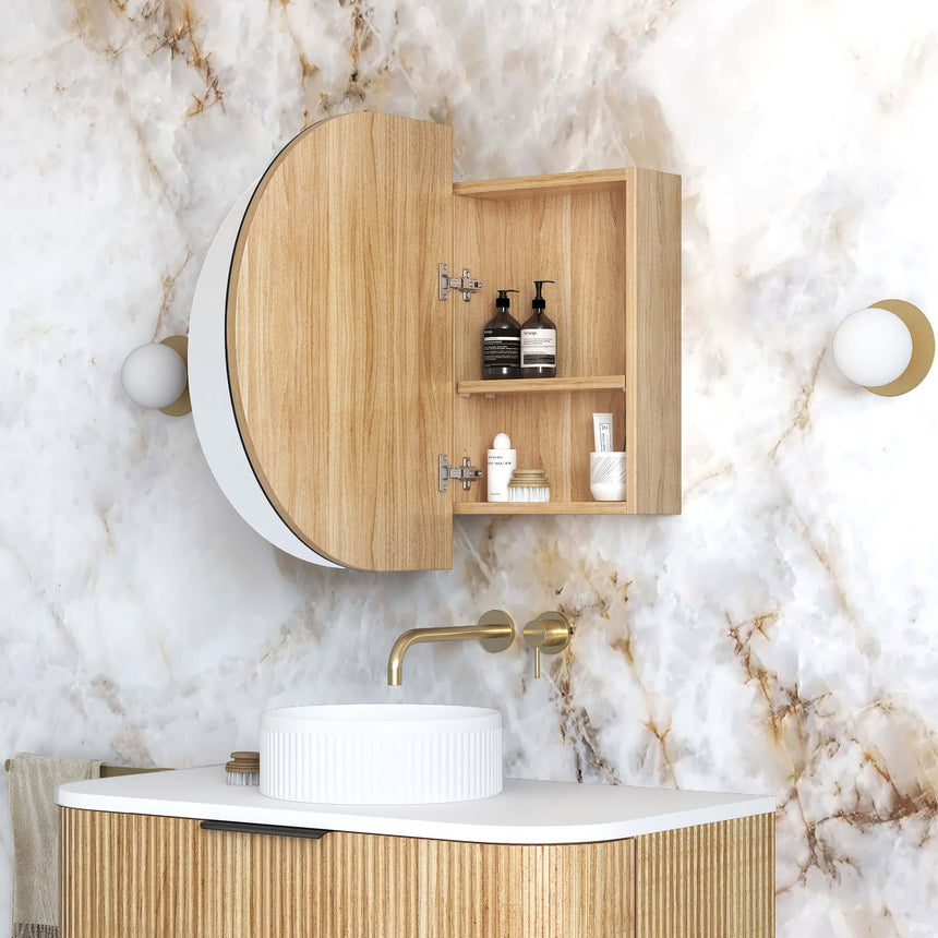 Bondi SV woodland oak single-door shaving cabinet with curved glass mirror front and interior shelving by Tilemall