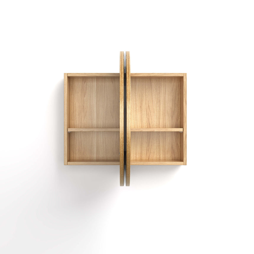 Overhead view of Otti Bondi SV double-door shaving cabinet in woodland oak with two white shelves by Tilemall