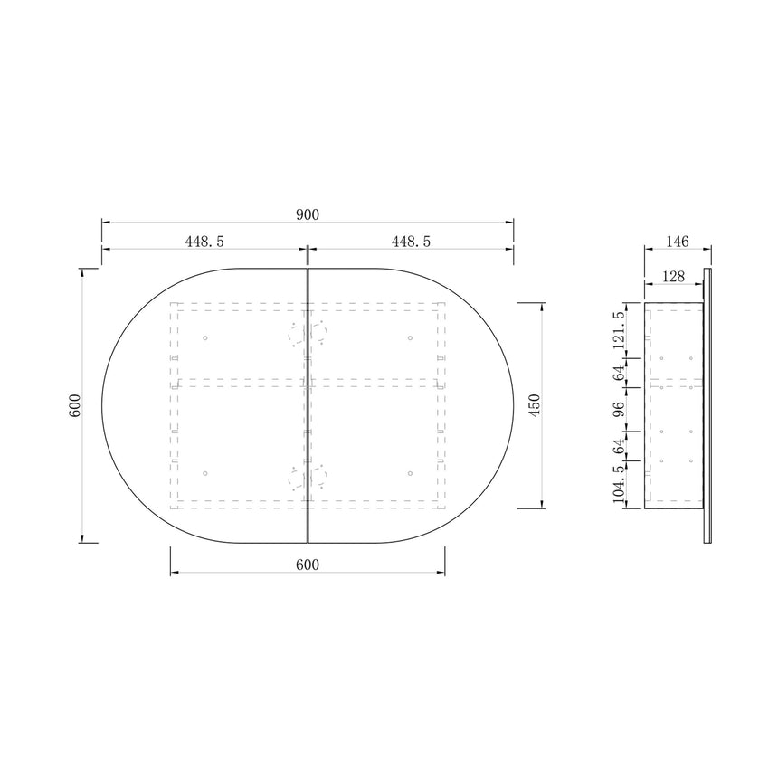Technical dimensions diagram for Otti Bondi SV 900mm shaving cabinet, front and side views by Tilemall