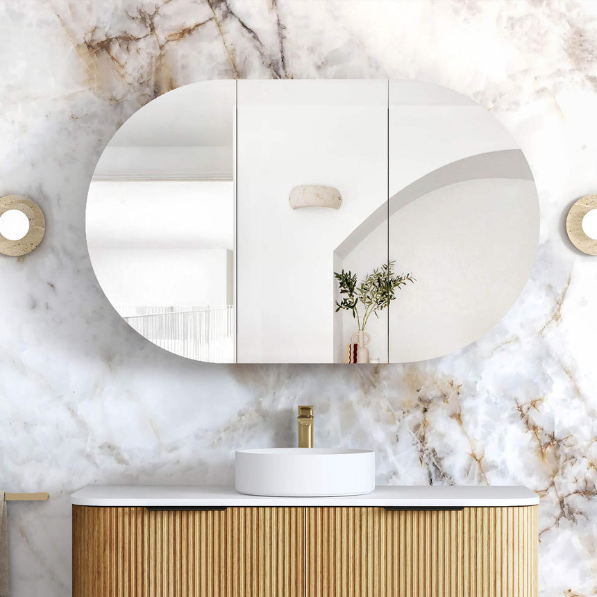 Otti Bondi SV white framed mirror shaving cabinet installed above vanity in marble bathroom interior by Tilemall
