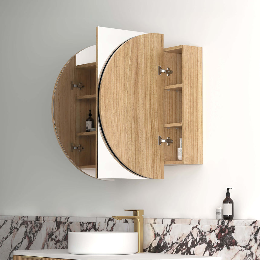 Bondi SV woodland oak and white two-door shaving cabinet with mirrored and solid panel doors open by Tilemall