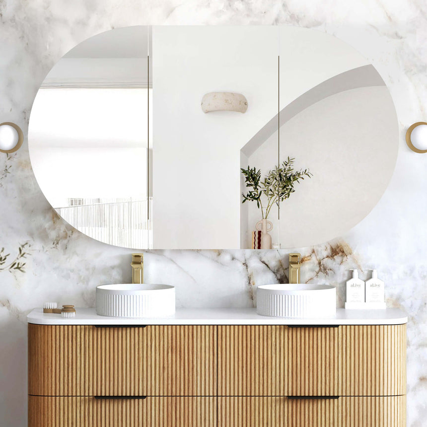 Bondi SV white mirror and woodland oak hybrid shaving cabinet installed above double vanity setup by Tilemall