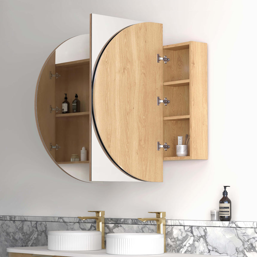 Bondi SV woodland oak and white split shaving cabinet both doors open showing interior shelving by Tilemall
