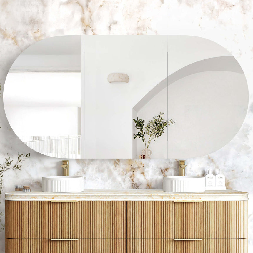 Bondi SV white mirror and oak hybrid shaving cabinet both doors open above double vessel basins by Tilemall