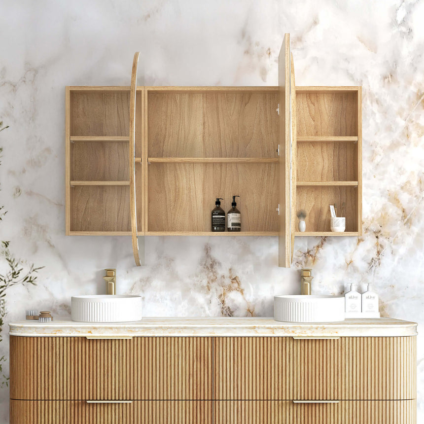Bondi SV woodland oak wide shaving cabinet three-door with interior shelves displayed against marble wall by Tilemall