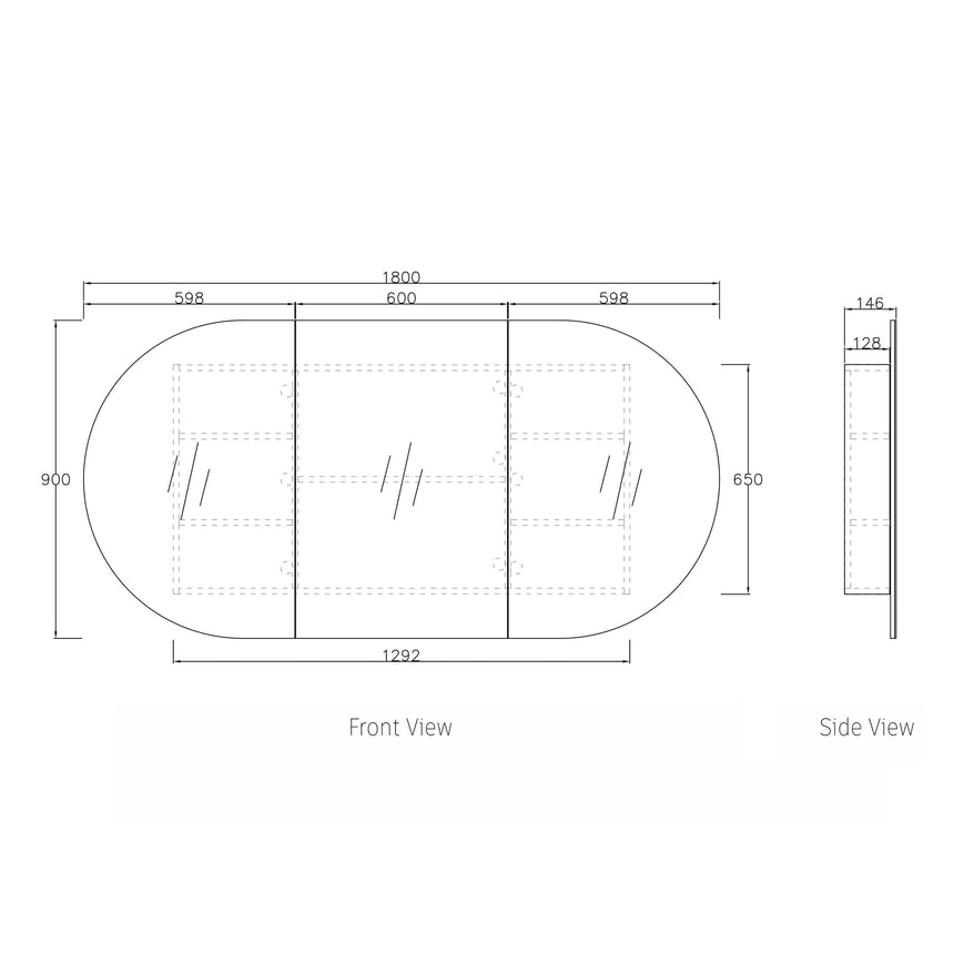Technical dimensions diagram for Otti Bondi SV 1800mm four-door shaving cabinet, front and side views by Tilemall