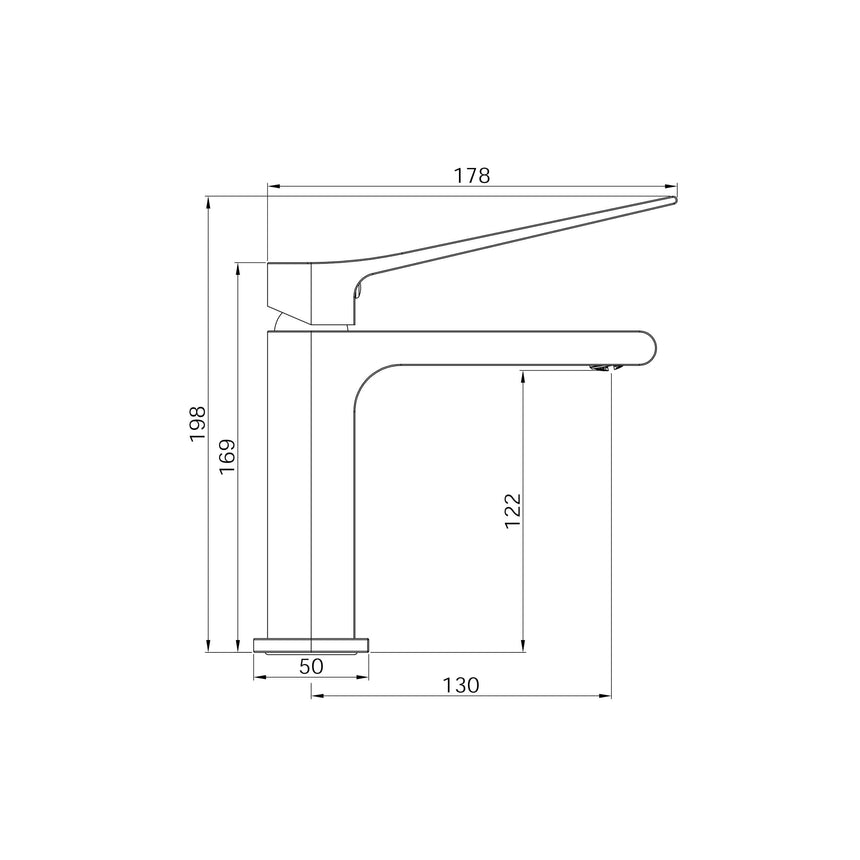 Installation dimensions for Nero Bianca Care basin mixer showing 198mm height and 178mm spout reach by Tilemall