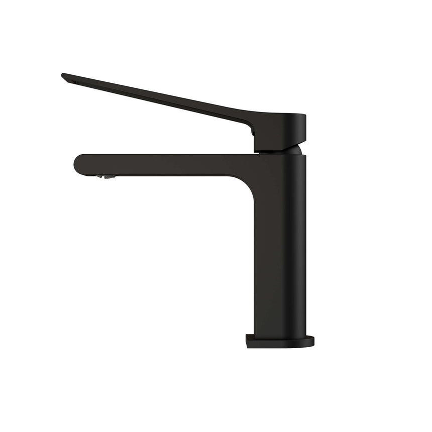 Nero Bianca 184x50mm matte black basin mixer side profile showing extended spout and single lever by Tilemall
