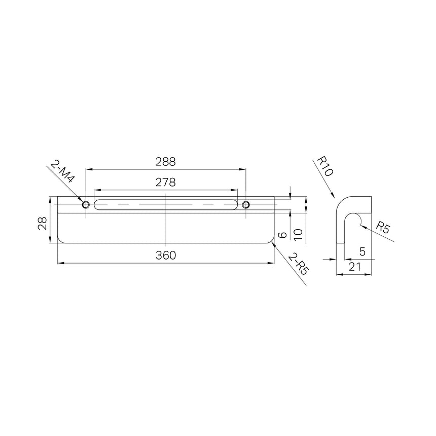 Technical specifications diagram for Nero Bianca 21x360mm pull handle showing installation dimensions by Tilemall