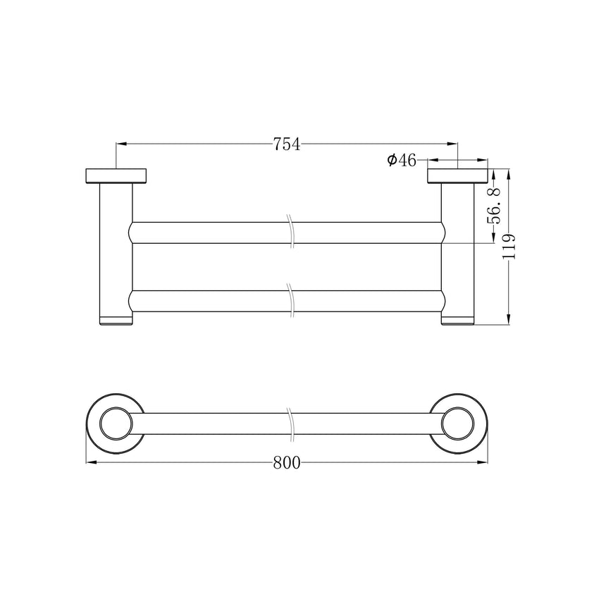 Technical specifications for Nero Dolce II towel rail showing 800mm width and mounting dimensions by Tilemall