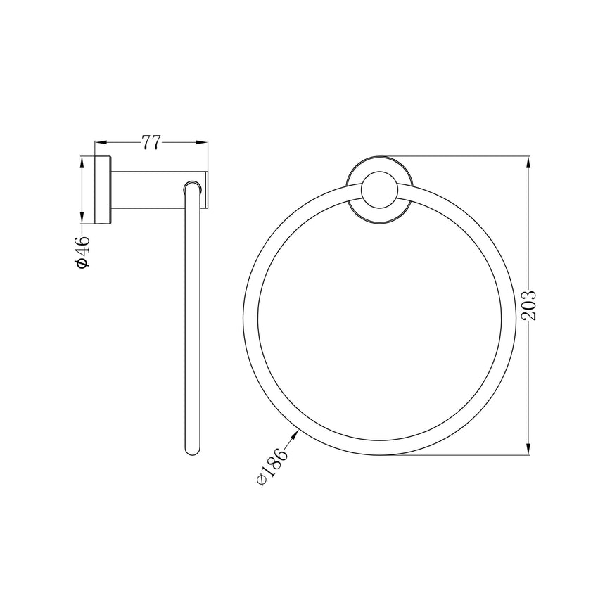 Technical specifications for Nero Dolce II towel ring showing dimensions: 77mm width, 203mm height, φ46 and φ186mm by Tilemall