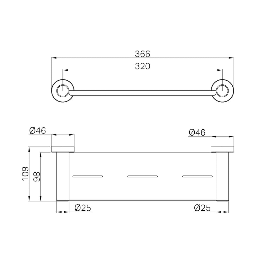 Nero Dolce II shower shelf technical specifications showing 366mm width and 320mm shelf length by Tilemall