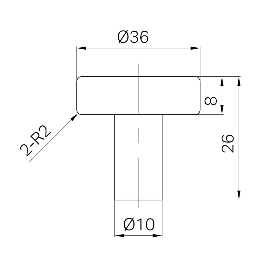 Technical specifications diagram for Nero Mecca 26x36mm cabinet knob showing Ø36mm face diameter and Ø10mm stem by Tilemall