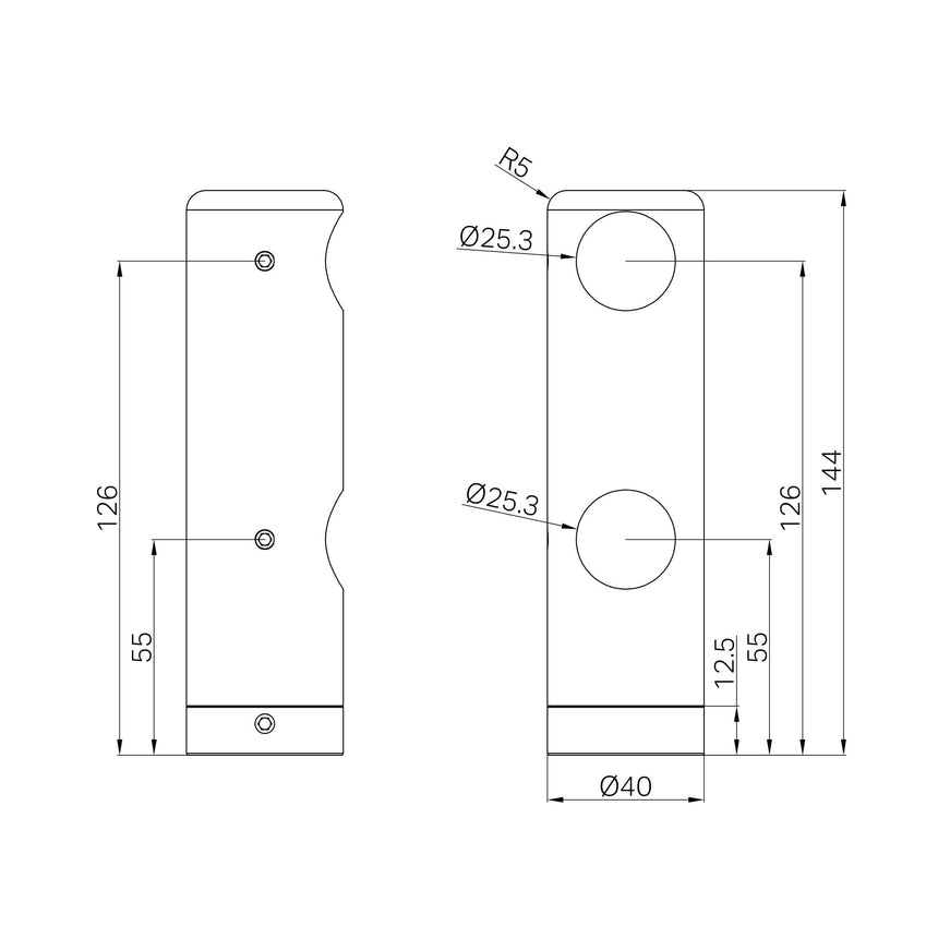 Technical specifications diagram for Nero Mecca Care 144x40mm grab rail showing dimensions and hole placements by Tilemall