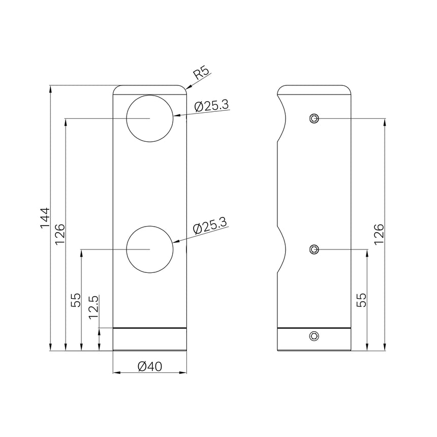 Technical specifications diagram for Nero Mecca Care 145x40mm double towel bracket showing dimensions and mounting details by Tilemall