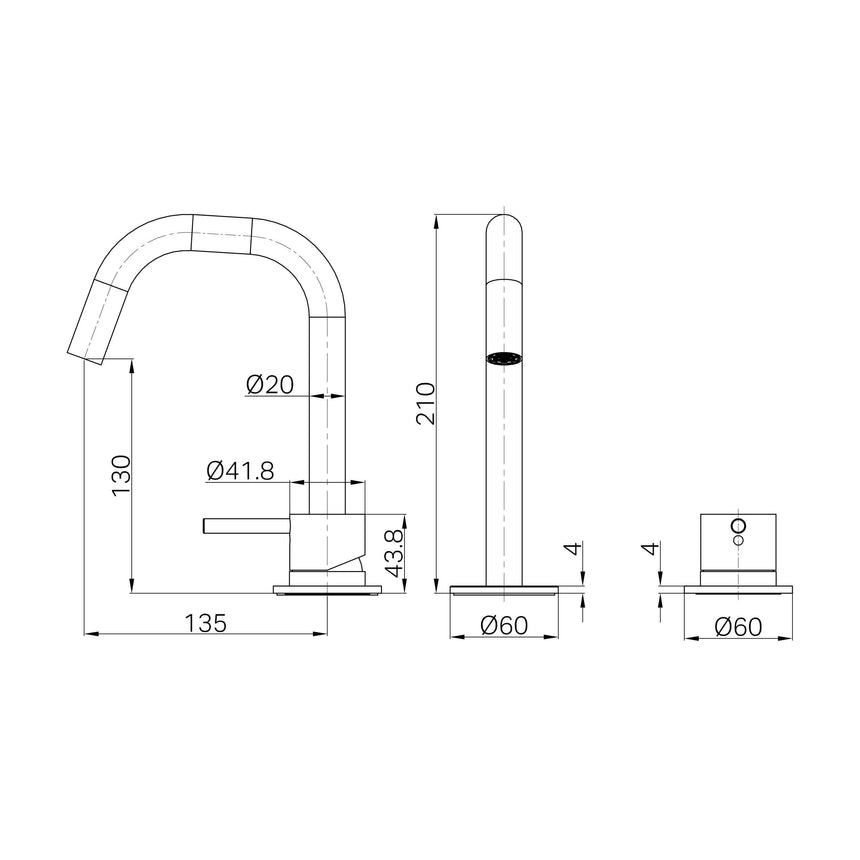 Technical installation dimensions for Nero Mecca 174x220mm hob basin mixer showing spout reach and spread measurements by Tilemall