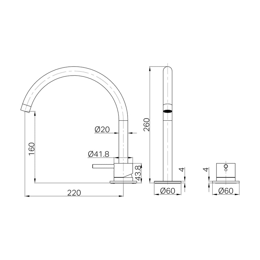 Technical installation dimensions for Nero Mecca 260x220mm hob bath mixer showing spout height and spread by Tilemall