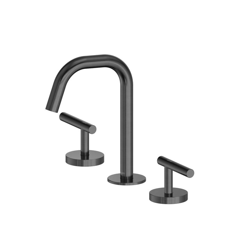 Nero Mecca 175x400mm gun metal basin mixer set with curved spout and dual lever handles by Tilemall