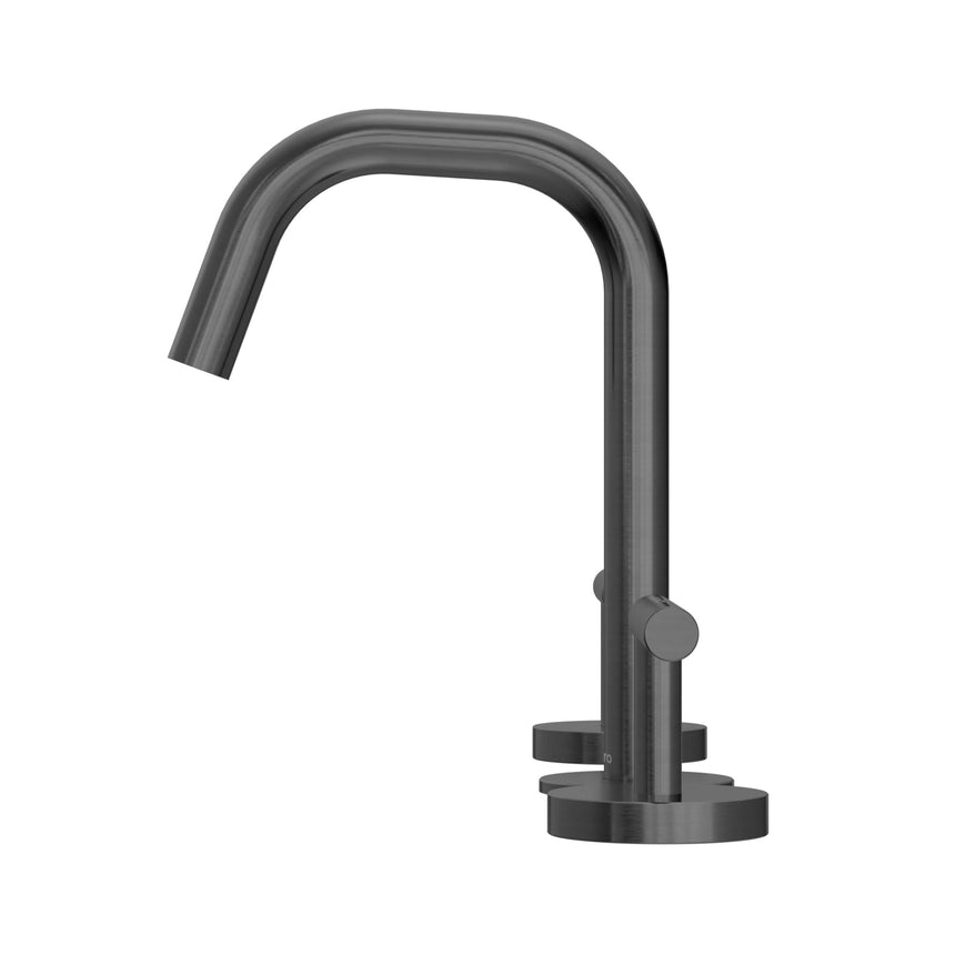 Close-up of Nero Mecca 175x400mm gun metal basin mixer showing curved spout and single lever control by Tilemall