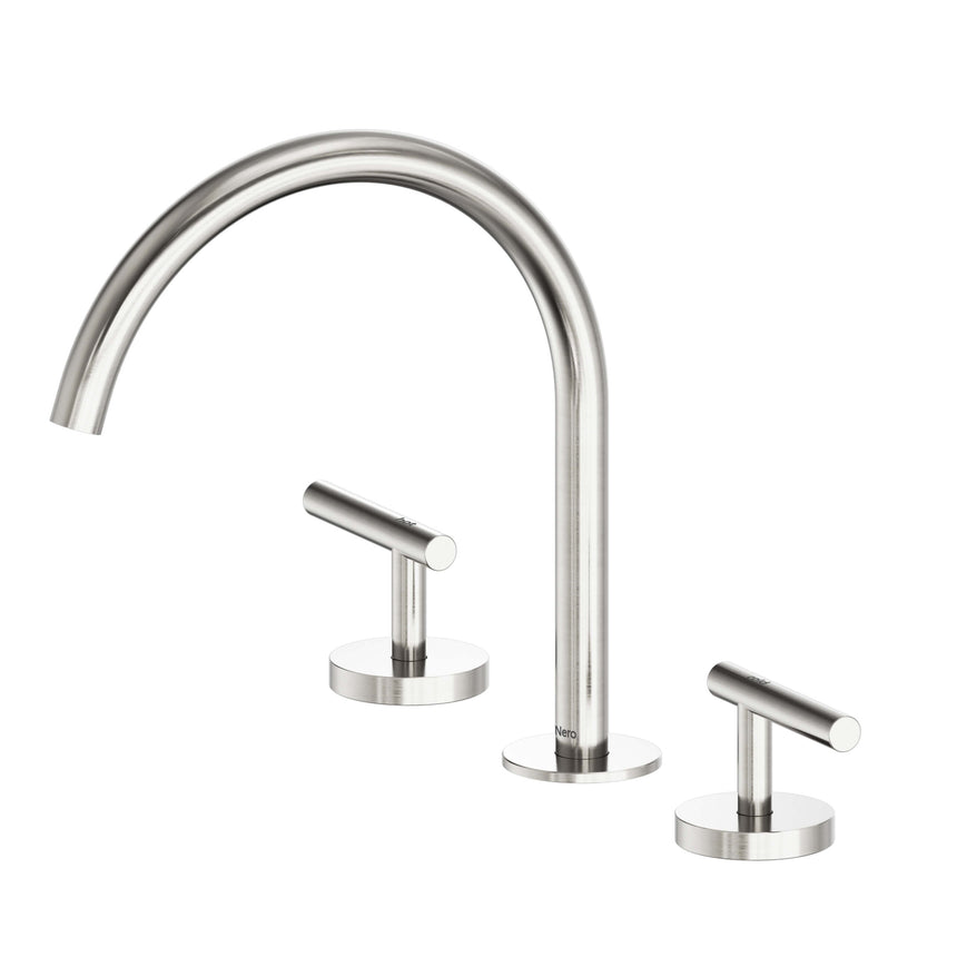Nero Mecca 265x400mm brushed nickel basin mixer by Tilemall with arc spout and dual lever handles
