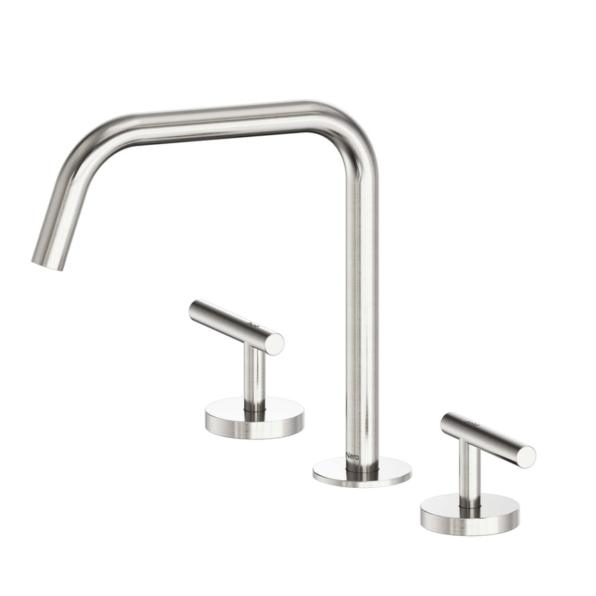 Nero Mecca 270x400mm brushed nickel basin mixer by Tilemall with edge spout and dual lever handles