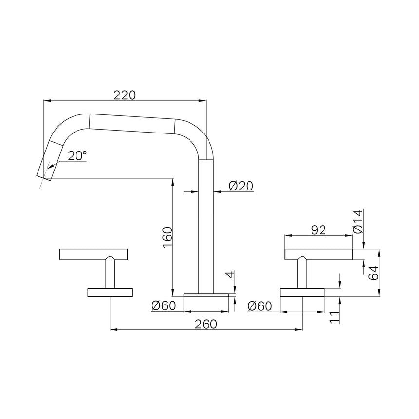 Technical installation dimensions for Nero Mecca 270x400mm edge spout mixer showing spread and height by Tilemall