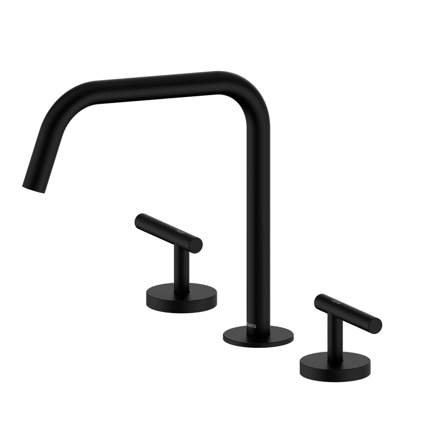 Nero Mecca 270x400mm matte black three-piece basin mixer by Tilemall with lever handles and edge spout