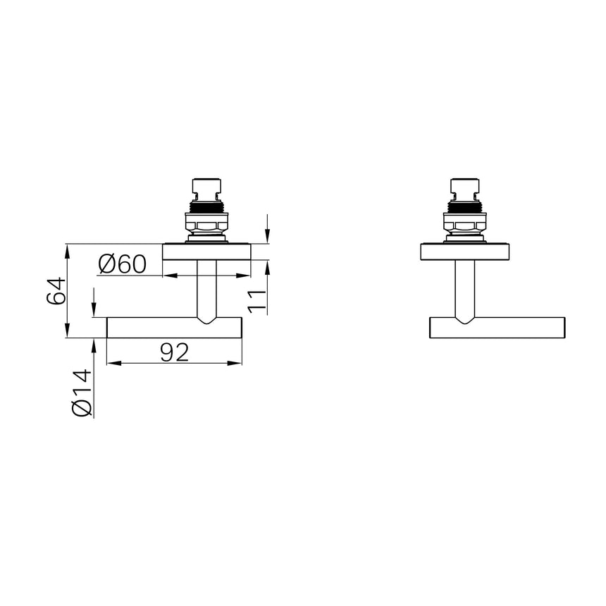 Technical specifications diagram for Nero Mecca Lever Wall Top Assembly showing dimensions 92mm width and 64mm height by Tilemall