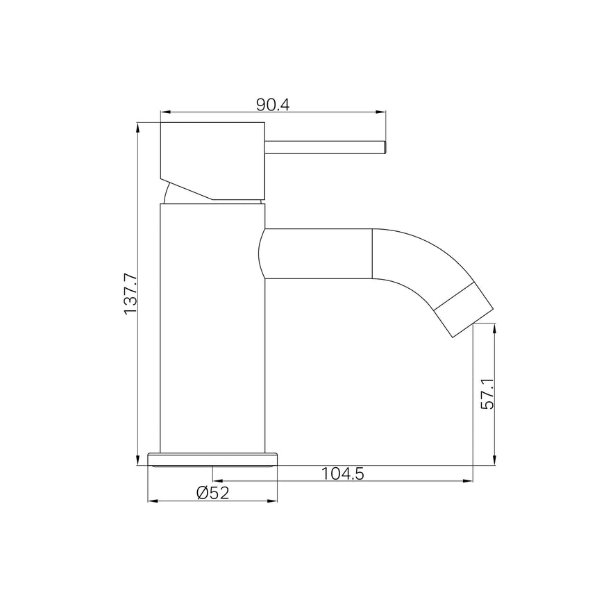 Technical installation dimensions for Nero Mecca 140x52mm Mini basin mixer showing height and spread measurements by Tilemall