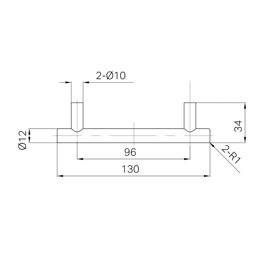 Technical specifications for Nero Mecca pull handle showing 130mm overall length and mounting holes by Tilemall