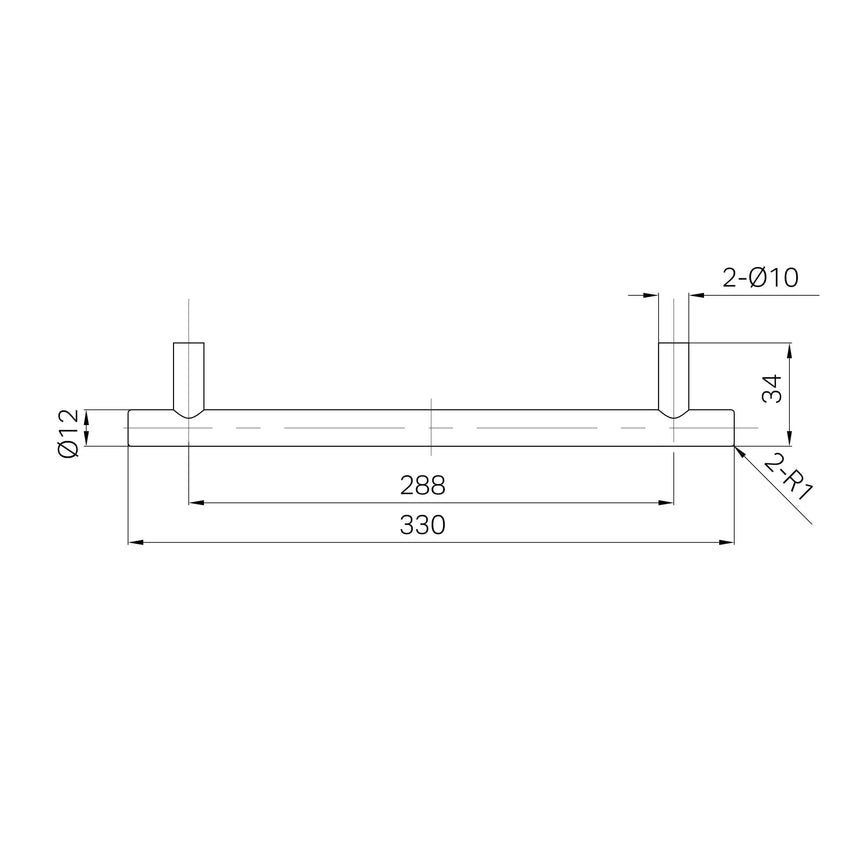 Technical specifications for Nero Mecca pull handle showing 330mm overall length and mounting dimensions by Tilemall