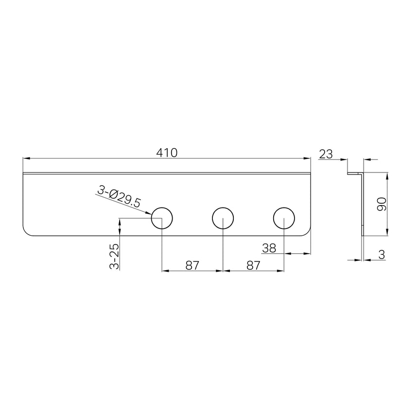 Technical specifications for Nero Mecca triple soap holder showing 410mm length and mounting details by Tilemall