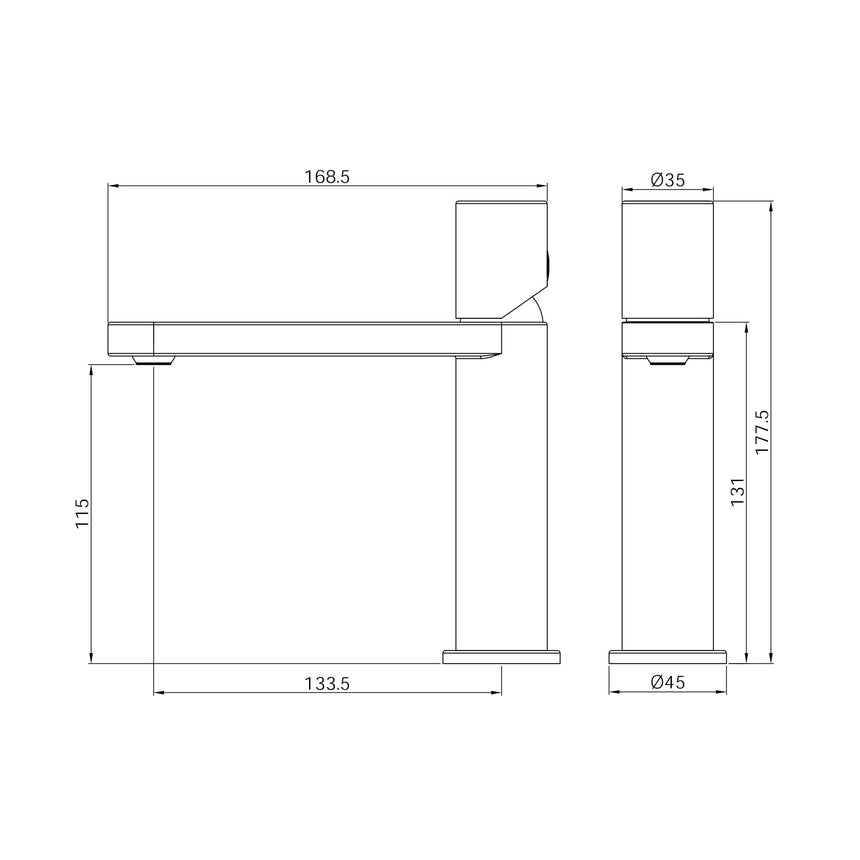 Installation dimensions for Nero Pure 175x45mm basin mixer showing height and spread specifications by Tilemall