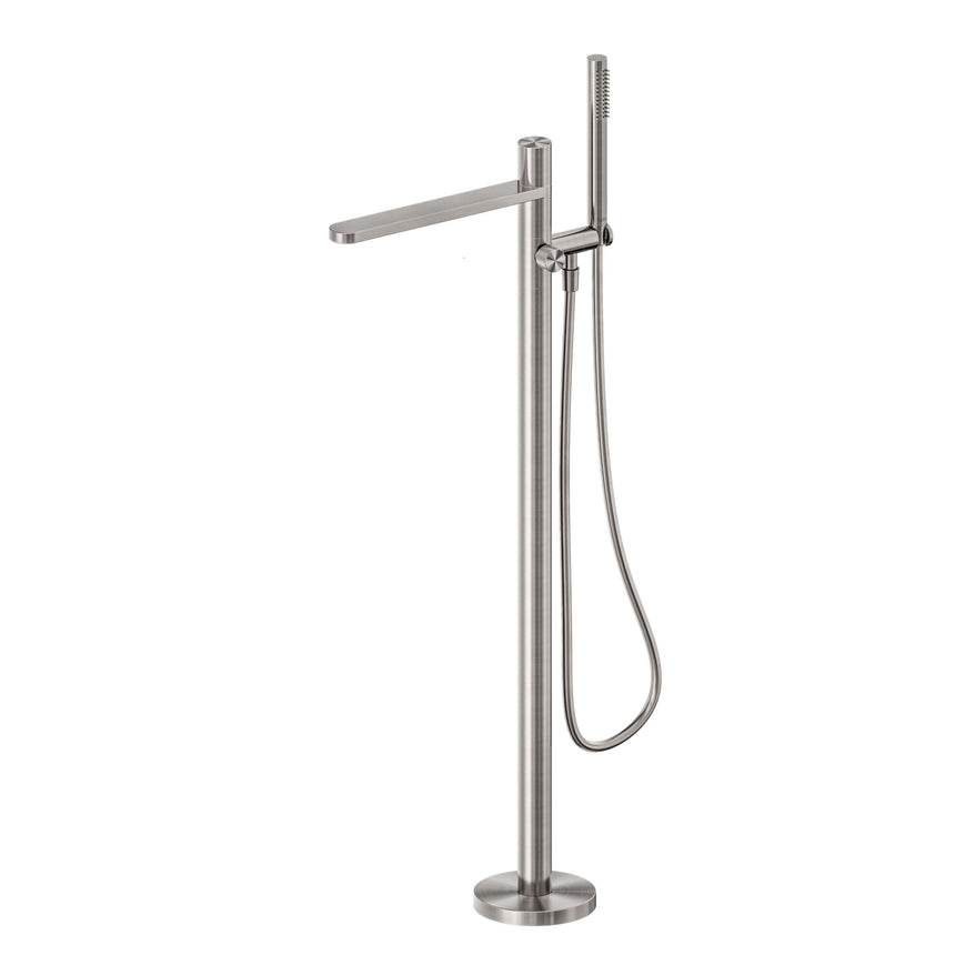 Nero Pure 440x160mm brushed nickel freestanding bath mixer by Tilemall with single lever handle and handheld shower