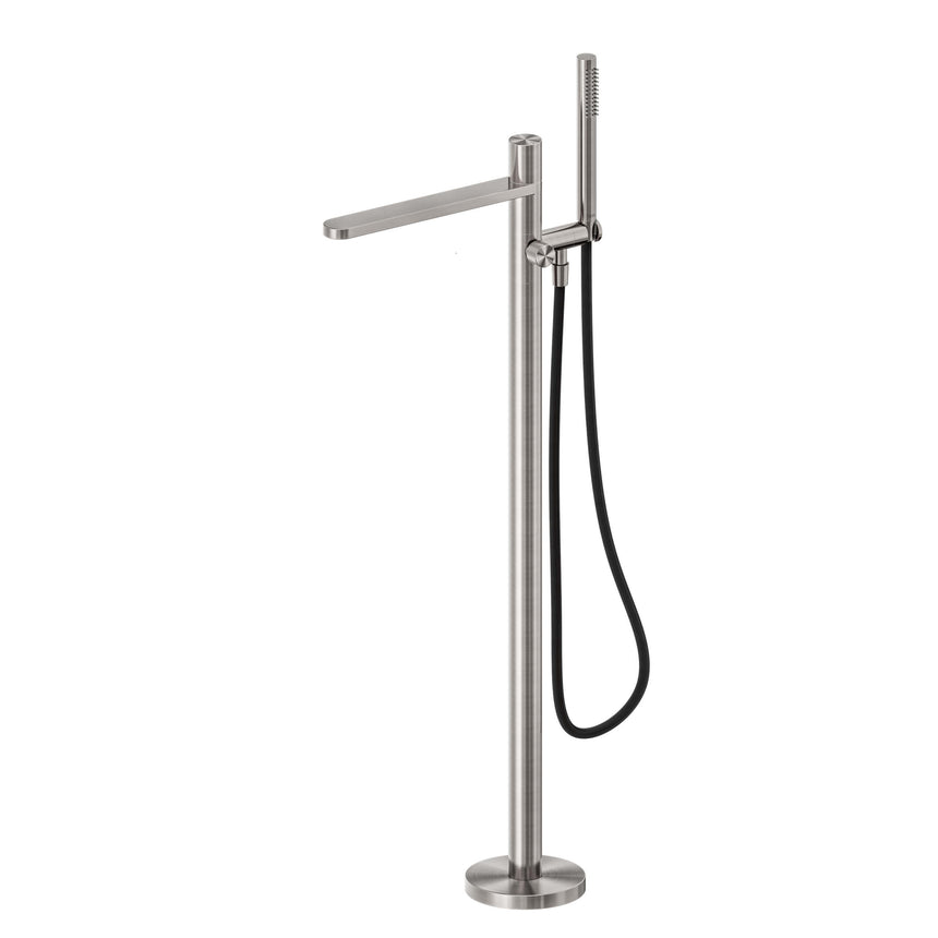 Nero Pure 440x160mm brushed nickel freestanding bath mixer by Tilemall with outdoor shower hose