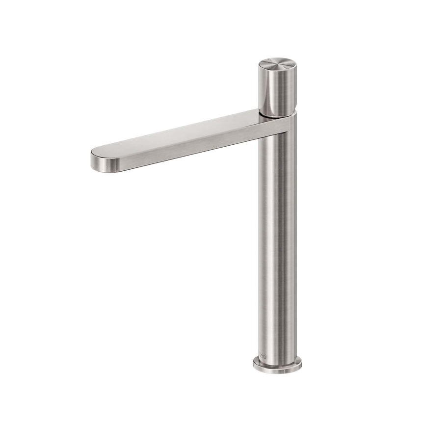 Nero Pure 230x45mm brushed nickel tall basin mixer by Tilemall with cylindrical body and single lever