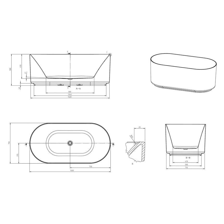 Technical dimensions diagram for Otti Attica Celine 1500mm freestanding bathtub specifications by Tilemall