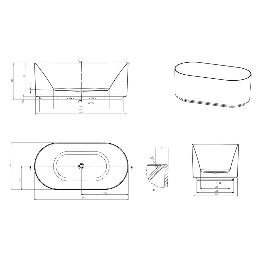 Technical dimensions diagram for Otti Attica Celine 1500mm freestanding oval bathtub by Tilemall