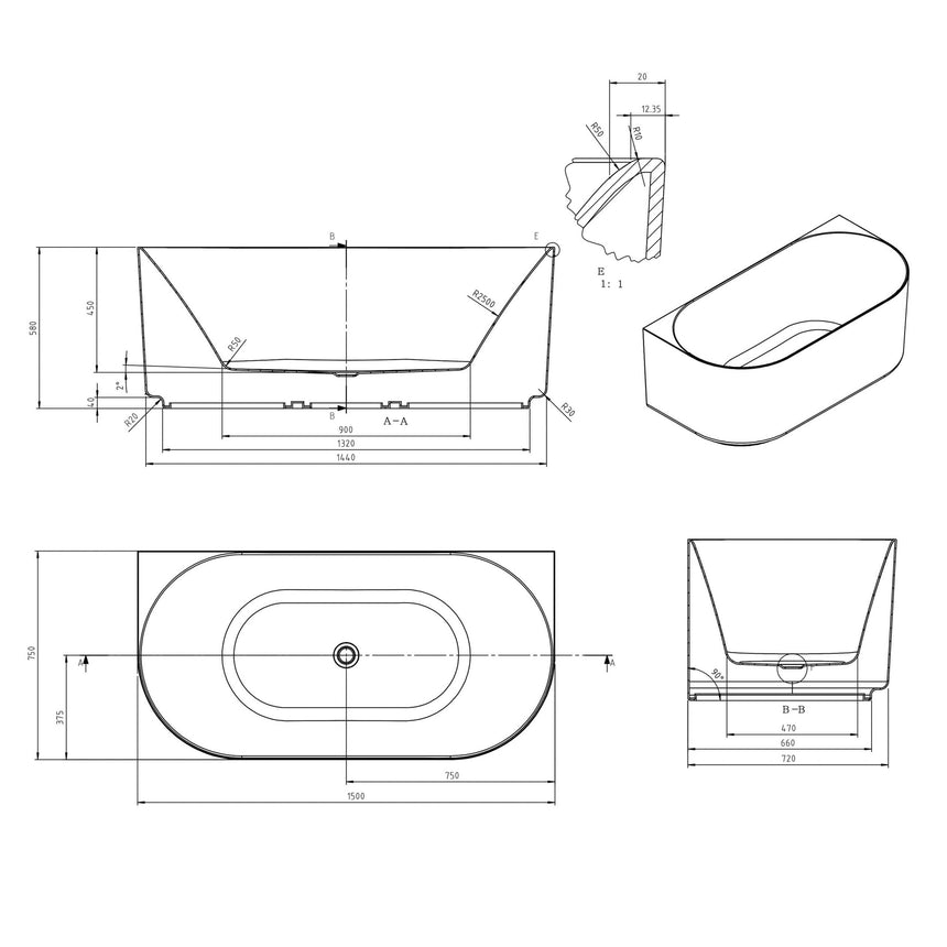 Technical dimensions diagram for Otti Attica Celine 1500mm bathtub showing multi-fit installation and overflow details by Tilemall