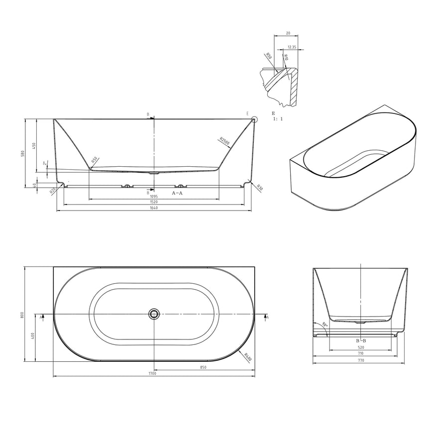 Technical dimensions diagram for Otti Attica Celine 1700mm bathtub with multi-fit specifications by Tilemall