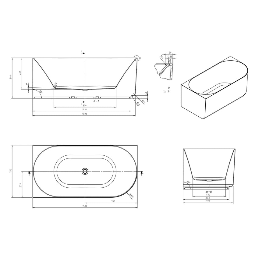 Technical dimensions diagram for Otti Attica Celine 1500mm corner bath by Tilemall