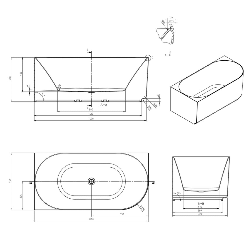 Technical dimensions diagram for Otti Attica Celine 1500mm left corner bathtub with overflow and installation details by Tilemall